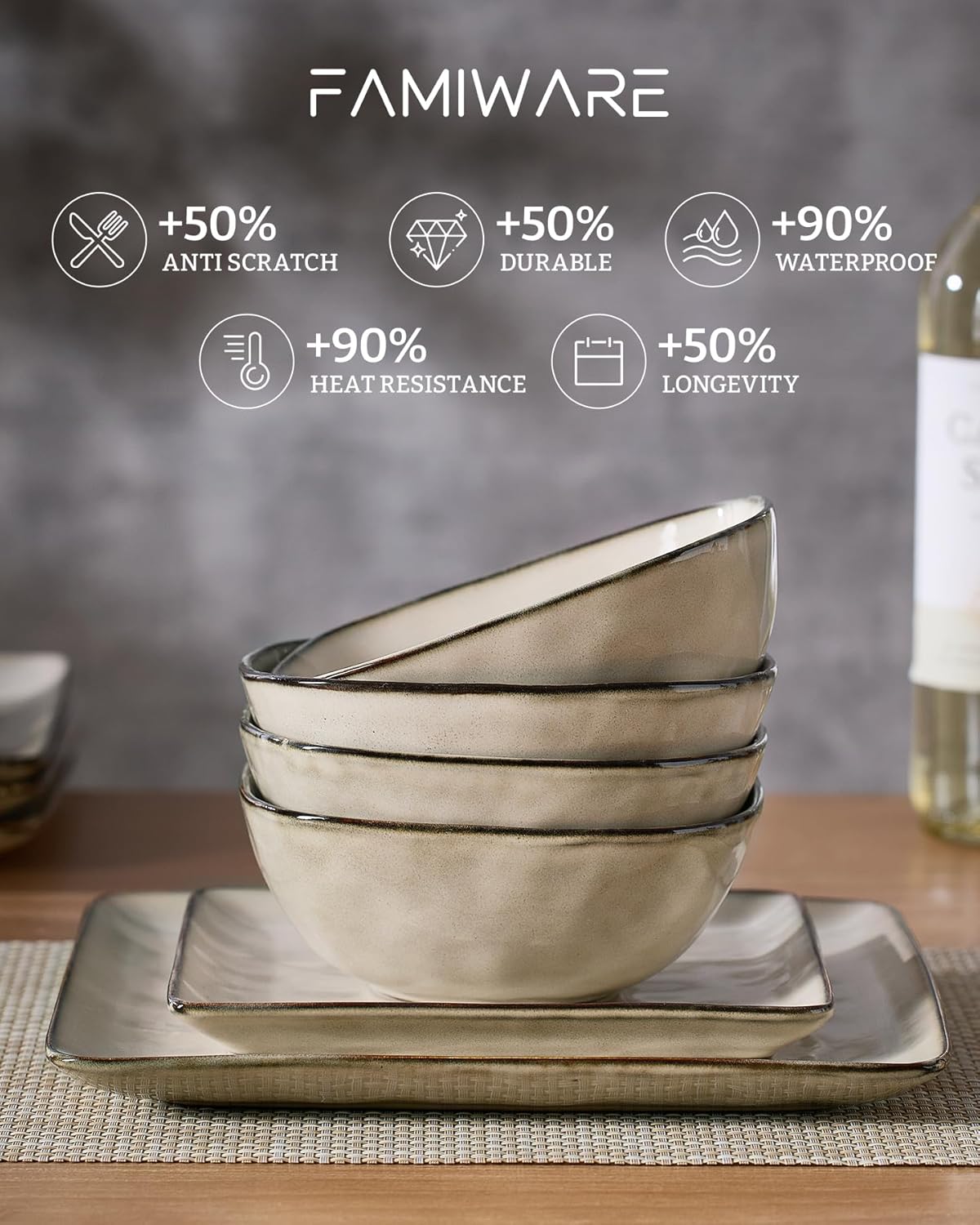 Famiware Dinnerware Sets for 4, Ocean Square 12-Piece Kitchen Plates and Bowls Sets, Microwave and Dishwasher Safe, Scratch Resistant, Light khaki