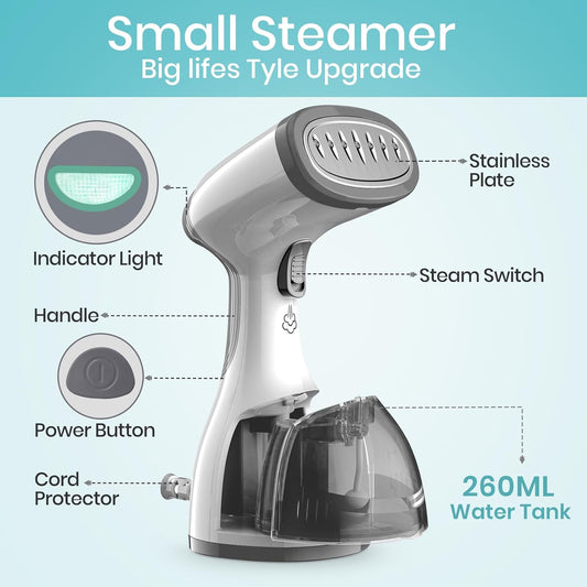 Steamer for Clothes 1500W,30S Fast Heat Plancha a Vapor Para Ropa, 260ML Water Tank Clothing Garment Fabric Iron Travel Steamer Handheld Portable for Wrinkles (Grey)