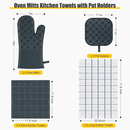 Oven Mitts Kitchen Towels Dishcloths with Pot Holders Sets 12PCS,Dish Towels Sets,Oven Gloves Pot Pads Heat Resistant 500 Degrees with Non-Slip Silicone Surface for Cooking Baking Grilling-Deep Green