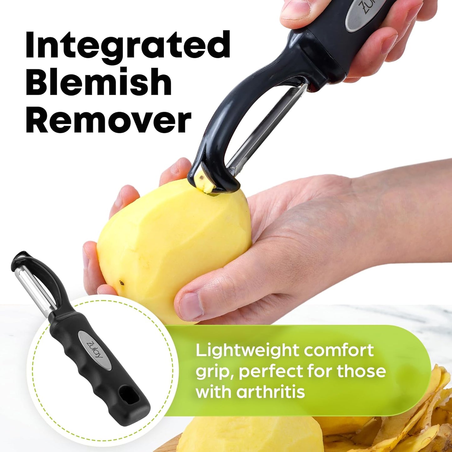 Zulay Kitchen Swivel Vegetable Peeler - Stainless Steel Potato & Veggie Peeler with Comfortable Grip - Built In Blemish Remover - Black