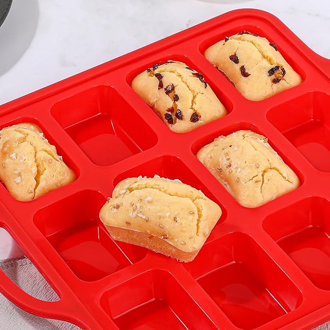 Silicone Mini Loaf pan, 12 Cavities Metal Reinforced Frame Nonstick Food Grade for Baking Mini Bread, Brownie, Cornbread, Cheesecake and Chocolate (1 Pack)