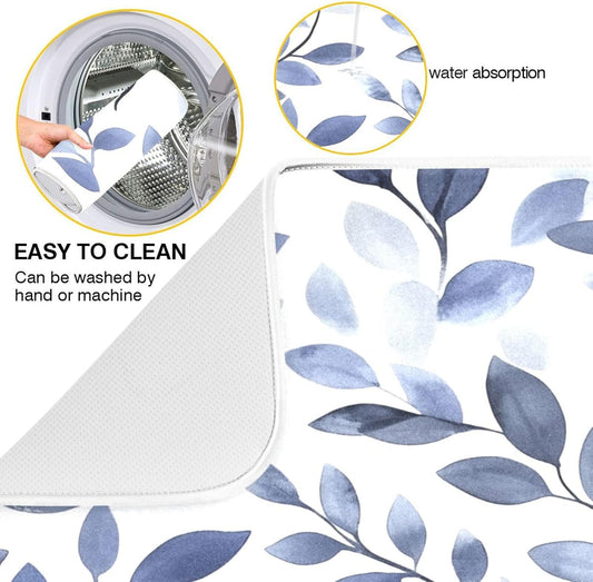 Light Gray Leaves Dish Drying Mat for Kitchen Counter Super Absorbent Dishes Pad Reversible Microfiber Protector Dish Draining Mats 18x24 inch