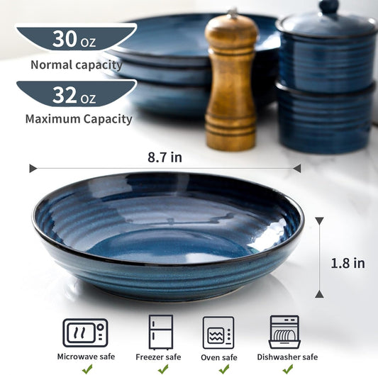 Hasense Pasta Bowls, 32 Oz Ceramic Serving Bowls Set of 4-8.7 Inch Serving Dishes for Salad, Pasta, Soup, Fruit - Blue Dinner Plate Bowls for Home Gift, Dishwasher & Microwave Safe