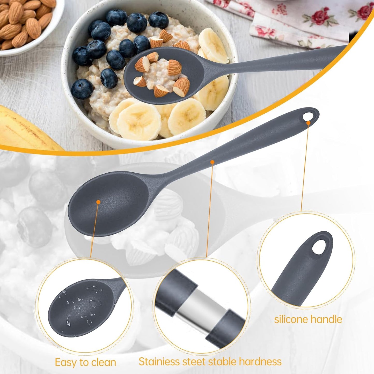 2 Pcs Silicone Nonstick Mixing Spoon, Silicone Spoons for Cooking Heat Resistant, Cooking Utensil for Kitchen Cooking Baking Stirring Serving (Grey)