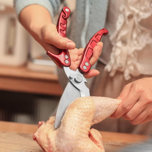 Heavy Duty Kitchen Shears, Detachable Poultry Shears with Serrated Edge, Spring-Loaded Stainless Steel Chef Scissors Cutting Bone, Chicken, Fish, Food, Meat, Burgundy Full Steel Handle