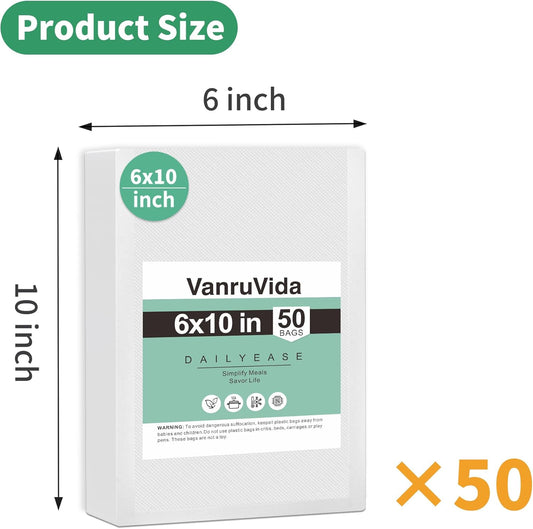 VanruVida 50 Count Vacuum Sealer Bags,6” x 10” Pre-Cut Pint Size,Commercial Grade Textured with Double Tear Notches,BPA Free,Food Storage Bags for Freezer, Meal Prep, or Sous Vide