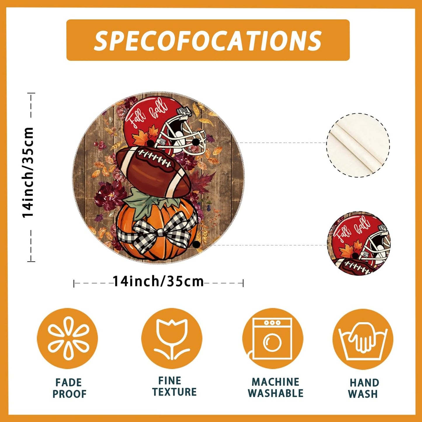 XCHI Fall Football Pumpkin Wood Round Placemats Set of 4 Table Mats for Party Home Kitchen Dining Table Decorations 14x14 Inch