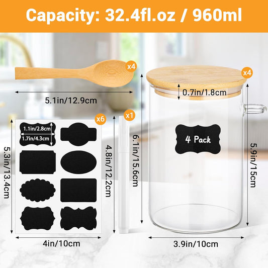 Glass Containers with Bamboo Lids and Spoon - 4 Pack 32 Fl.oz Round Glass Storage Jars Set, Includes Labels and Marker, Kitchen Pantry Container for Loose Leaf Tea, Sugar, Coffee, Cookie, Oats