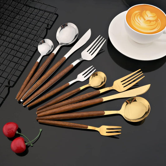 JASHII Wood Handle Flatware Set, 20 Pieces Stainless Steel Silverware Cutlery Set, Mirror Polished, Knife Fork Spoon Set, Dishwasher Safe - Pointed Head Gold