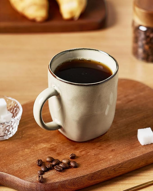 famiware Coffee Mugs Set of 6, Ocean Square 13oz Coffee Cup Set with Handle for Cocoa, Milk, Hot Chocolate, Tea, Water, Stoneware Cups for Kitchen, Microwave and Dishwasher Safe, Light khaki