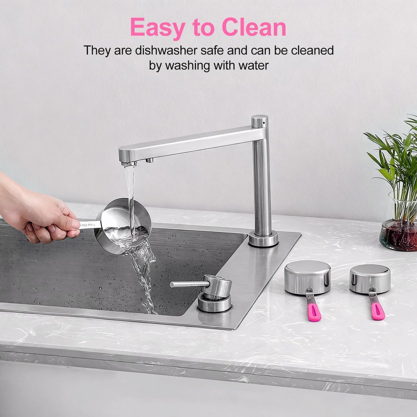 Measuring Cups and Spoons Set, Stainless Steel 10 Piece for Cooking and Baking (5 Cups + 5 Spoons, Pink Handle)