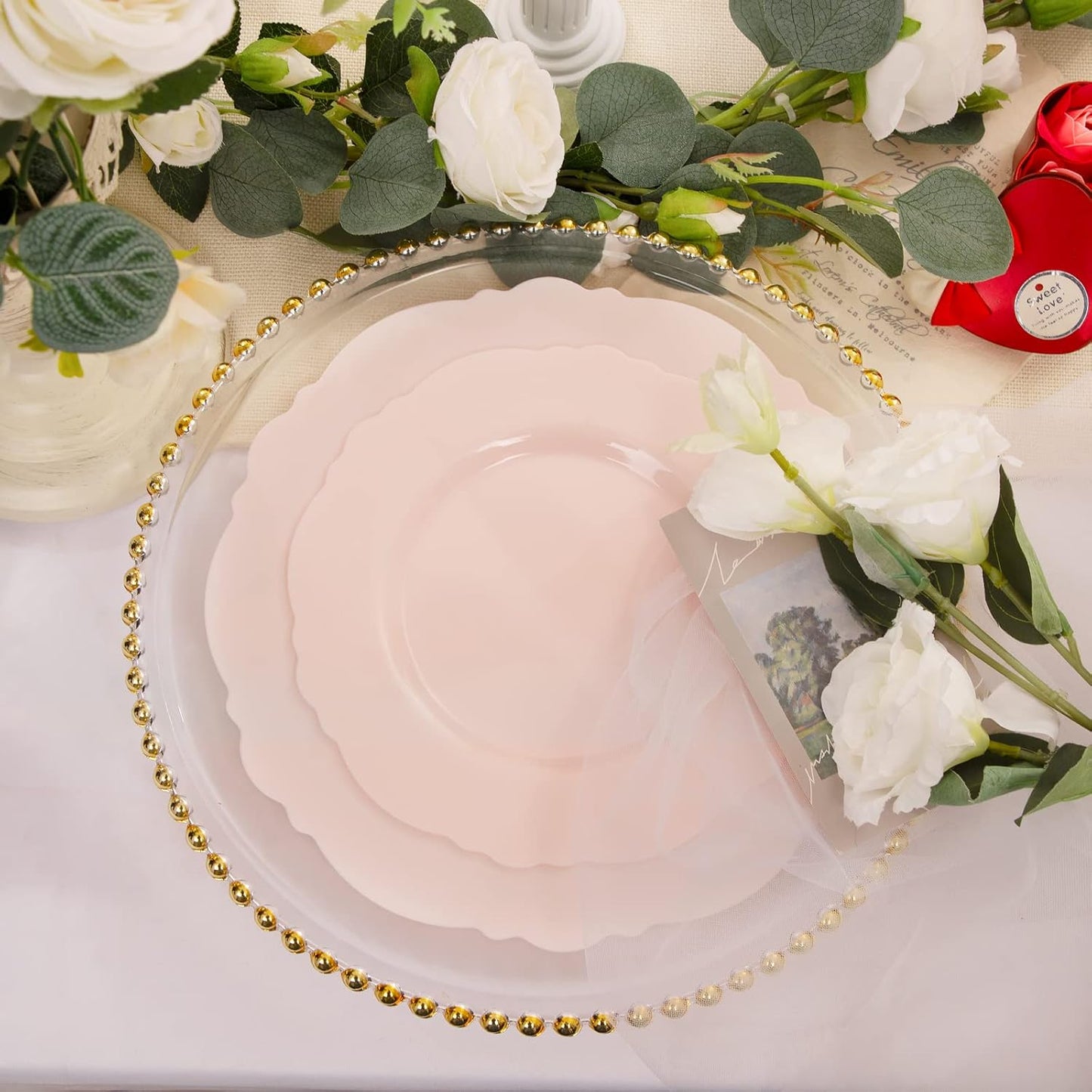 WDF 60pcs Pink Plastic Plates - Baroque Pink Disposable Plates Including 30 Dinner Plates 10.25inch, 30 Dessert Plates 7.5inch for Upscale Wedding &Parties