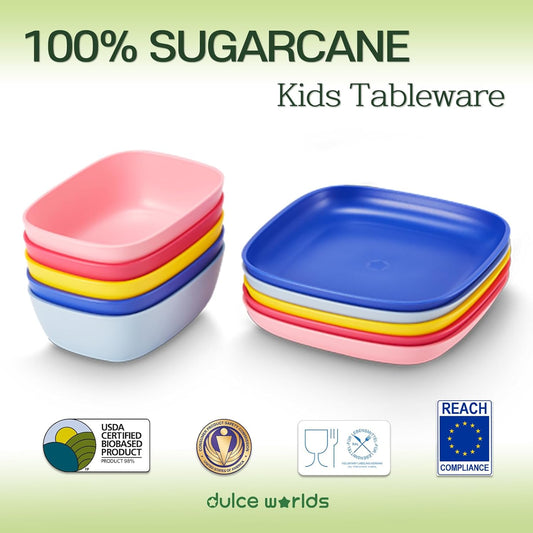 SUGARCANE Kids Plates 5Pack (7.9”) + Coconut Pad 2Pc- Organic Dishes for Toddler to Big Kids - USDA Certified – Microwaves & Dishwasher Safe – BPA Free, Unbreakable, Reusable - Multi