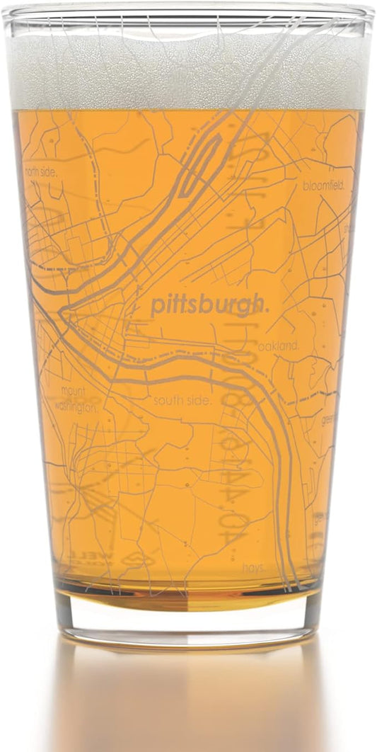 Well Told Engraved Pittsburgh Pennsylvania Map Pint Glass, Etched Beer Gift (16 oz, Clear) City Map Pint, Custom City Glassware, Gifts For Beer Lovers