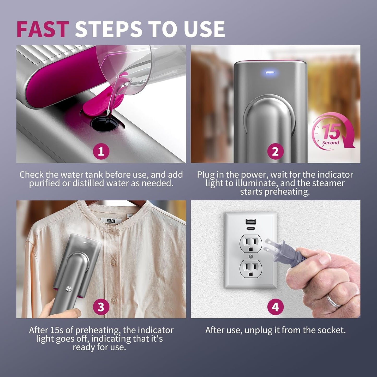 Steamer for Clothes, Portable Home & Travel Handheld Wrinkles Remover for Clothes, 15s Fast Heat-Up, 70ml Water Tank with Measuring Cup, Portable Garment Steamer for 120V Countries, Silver Gray