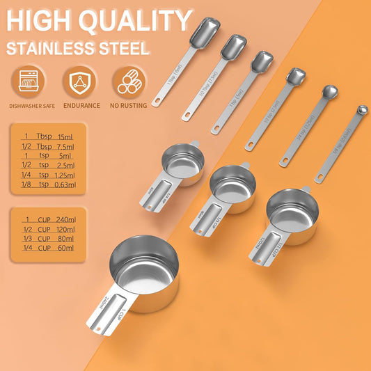 Stainless Steel Measuring Cups & Spoons Set for Cooking and Baking, Nesting Measuring Cups Measuring Spoons for Measuring Dry or Liquid Ingredients, Kitchen Gadgets, 10Pack