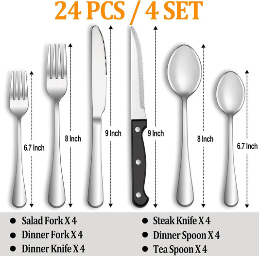 24 Pcs Silverware Set with Steak Knives Service for 4,Stainless Steel Flatware Set,Mirror Polished Cutlery Utensil Sets,Home Kitchen Eating Tableware Sets,Include Fork Knife Spoon,Dishwasher Safe