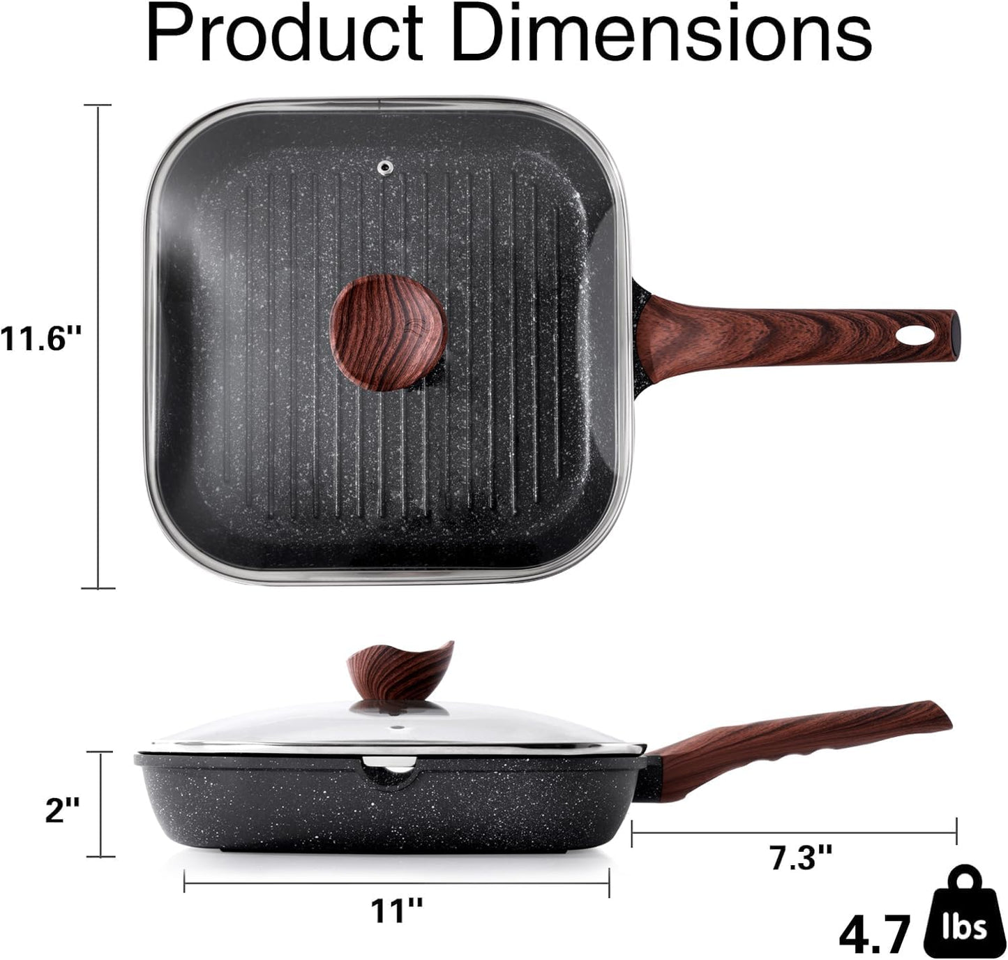Kordisen Nonstick Grilling Pan with Lid for Stove Tops, 11 Inch Square Grill Pan for Indoor Cooking, Granite Coating Grill Skillet with Pour Spouts, Versatile Griddle, Induction Steak Pan, PFOA Free