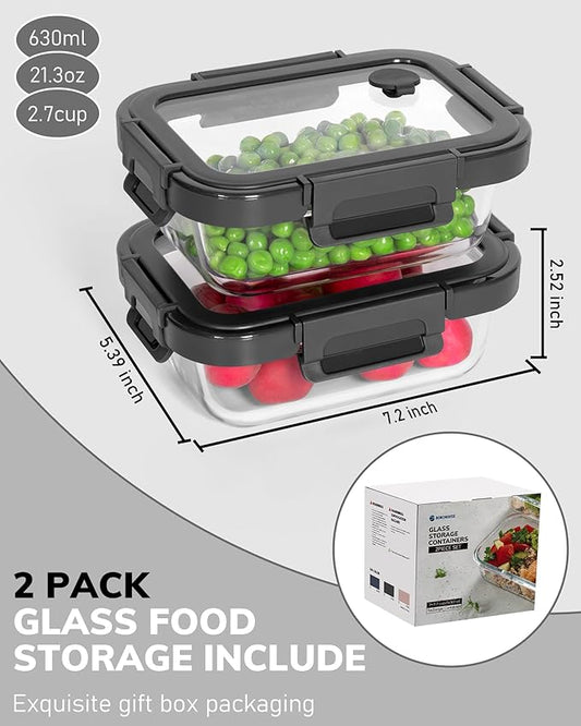 2-Pack Glass Food Storage Containers with Tempered Lids (630ml/2.7cup) - Airtight Snap Lock, Microwave & Oven Safe (-4℉~ 950°F), Freezer to Baking Dish, BPA-Free, Gift Box (Gray)