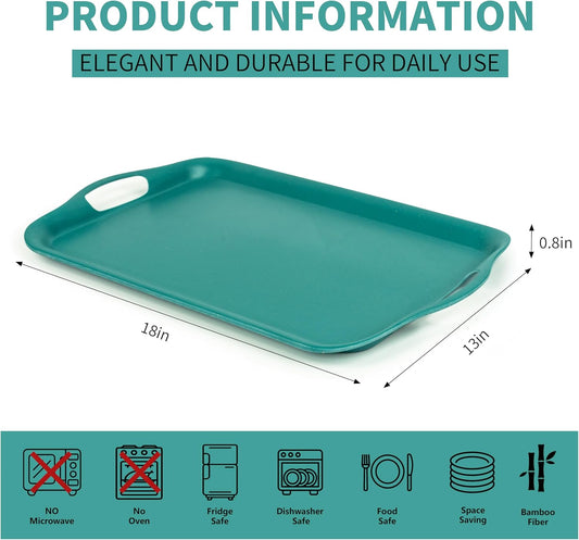 KINGEN 2-Pack Evergreen Serving Trays -18×13-inch Extra Large w/Handles Tray, Holiday Platters for Holiday Buffets, BBQ, Party Serving, Christmas Dinner Green Designed for Christmas (Bamboo Fiber)