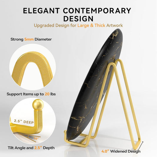 10 Inch Large Plate Stands for Display - Metal Plate Holder Display Stand + Picture Stand for Book, Platter, Plaque, Photo Frame, Small Easels for Tabletop Art(Gold 2 Pack)