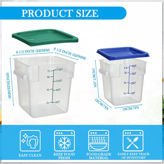 Lallisa 4 Pcs 8 Qt and 4 Qt Clear Food Storage Containers with Lids, Handles and Scales, Commercial Grade Square Containers Polycarbonate Air Tight for Home Storage Kitchen Restaurant(Blue, Green)