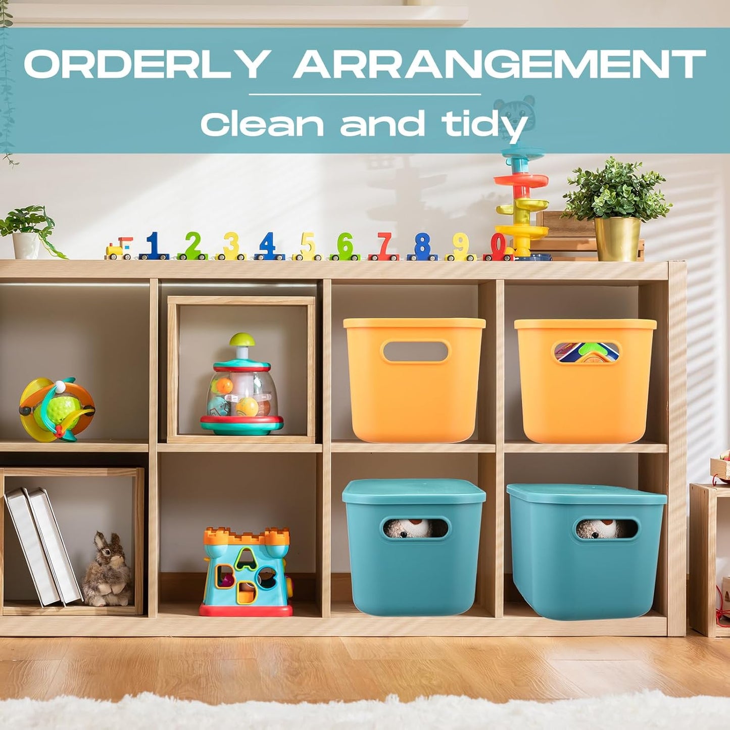 Hoolerry 8 Pieces Colorful Storage Bins with Lid, Plastic Storage Basket Organizing Container Stackable Box with Handle for Shelves Desktop Playroom Office(10.2 x 7 x 6.3 Inch,Green and Yellow)