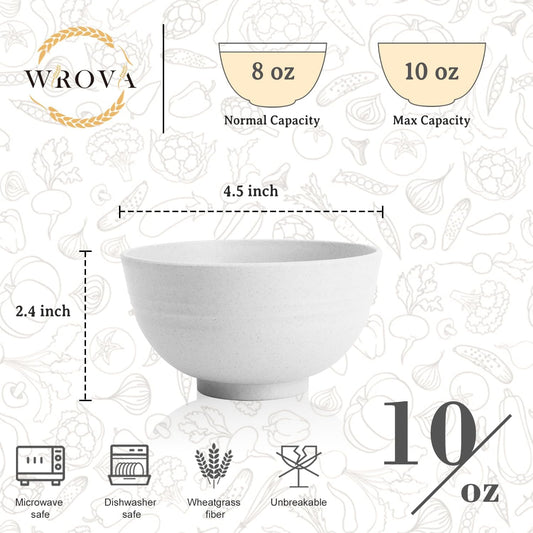 Wrova Handy Wheat Straw Bowls Set of 6,Unbreakable Ice-Cream Bowls Sets for Kids,10oz Small Dessert Bowls for Kitchen,Camping and RV.White Series
