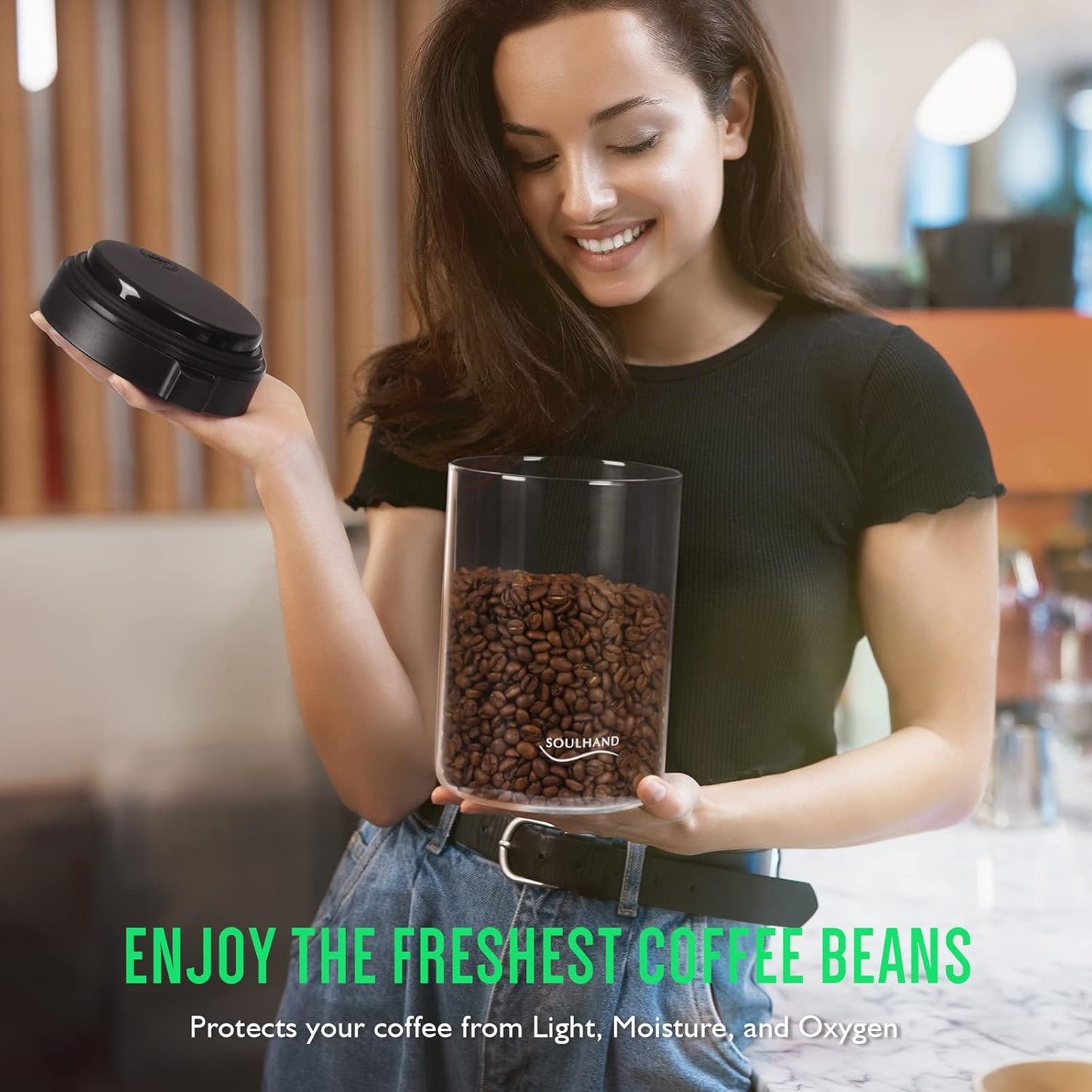 SOUL HAND Vacuum Coffee Canister Automatic Airtight Coffee Containers & Food Storage, Glass Coffee Jar with Spoon, Touch Screen Coffee Storage Container for Coffee Beans/Sugar/Nuts 1.6 L