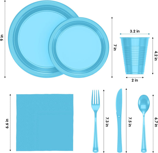 Party Solids 350 Pieces Light Blue Plastic Plates For Party, Light Blue Disposable Plates Set, 50 Of Each 9" Dinner Plate Set, 7" Dessert Plate, Cups, Napkins & Cutlery Plastic Dinnerware