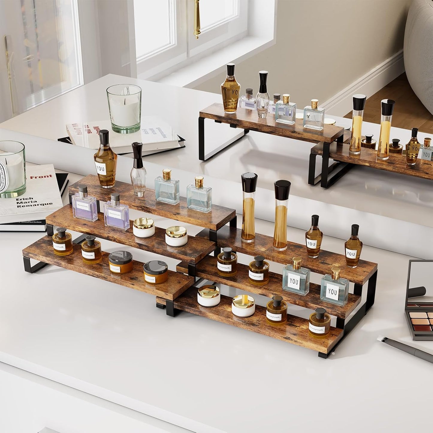 Spice Rack Organizer for Cabinet, 3 Tier Wooden Display Riser Stand, Rustic Cologne Stand for Men, Tiered Perfume Holder, Display Shelf for Candles (Set of 2)