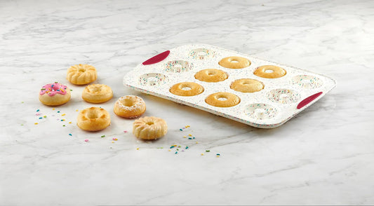 Trudeau 12-Cavity Donut Pan – Nonstick Baking Mold for Homemade Donuts, White Confetti/Fuchsia – Easy Release, Dishwasher Safe
