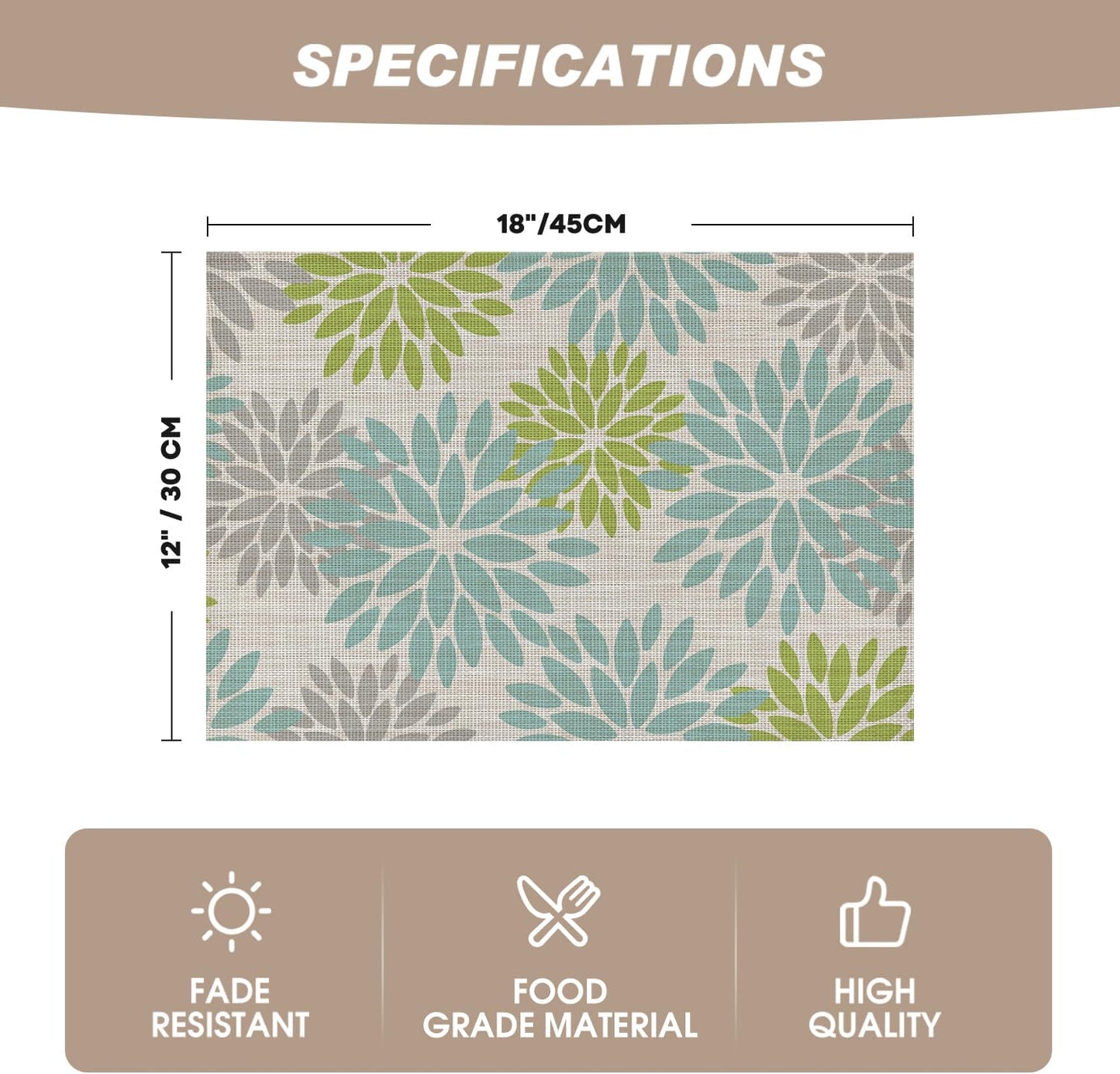 Artoid Mode Floral Vinyl Placemats Set of 6, Heat Resistant Washable Non-Slip Plistic PVC Place Mats for Party Kitchen Dining Decor, Sage