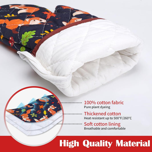 Fox Leaf Oven Mitts and Pot Holders Sets 2Pcs, 100% Cotton Heat Resistant, Extra Long Oven Gloves Potholder for Kitchen Cooking Baking Decoration