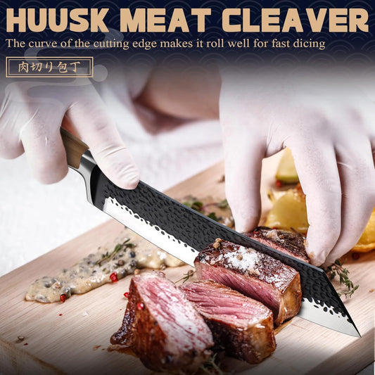 Huusk Butcher Knife 8.5 Inch Meat Cleaver Knife Japanese Vegetable Cleaver High Carbon Steel Meat Cutting Knife Hand Forged Knives for Home Kitchen BBQ with Present Box