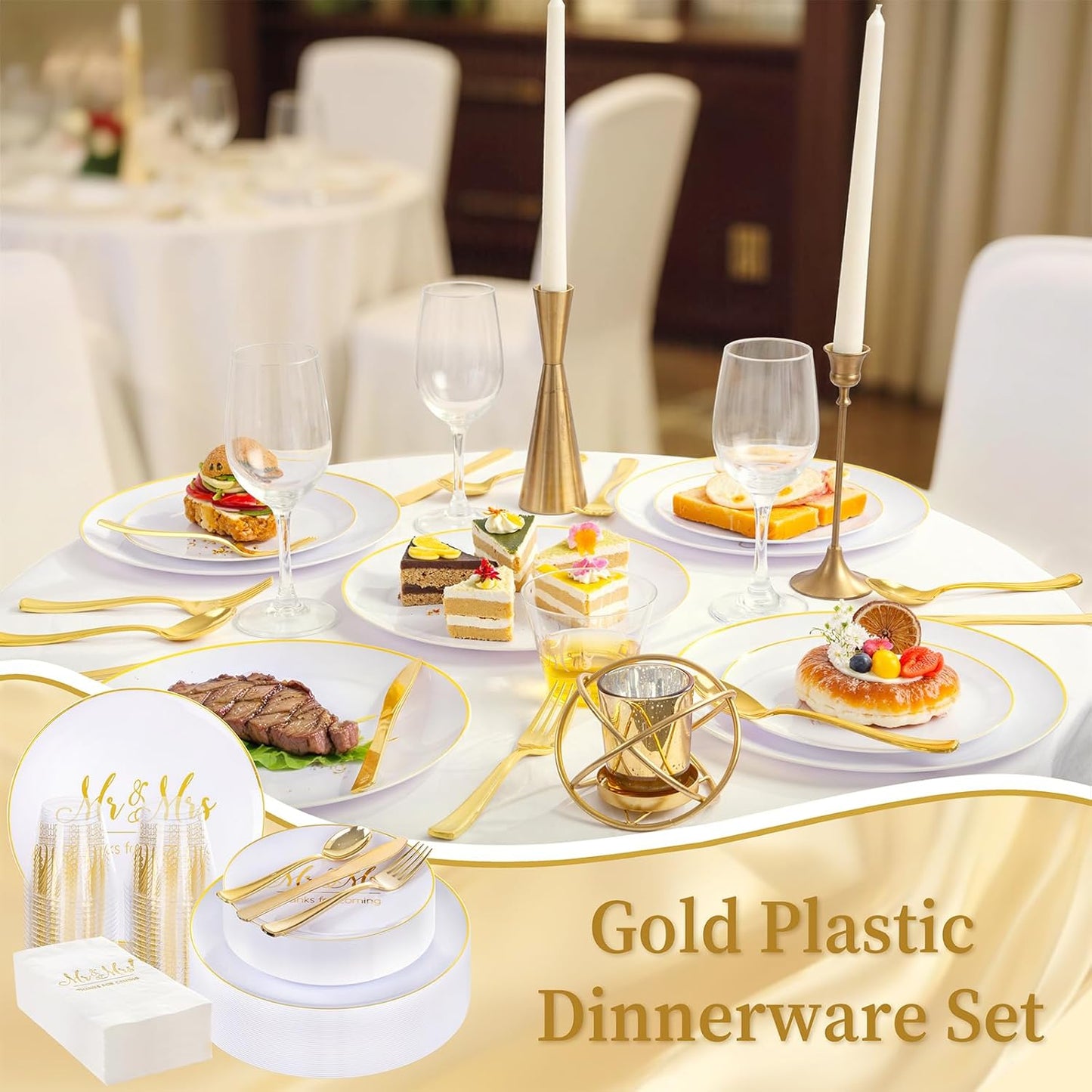 I00000 Mr and Mrs Wedding Plastic Plates and Napkins Set,Bridal Shower Plates Set for 25 Guests Include 25 Dinner Platos,25 Dessert Platos,25 Cups,25 Napkins,25 Gold Cutlery for Engagement Party Decor