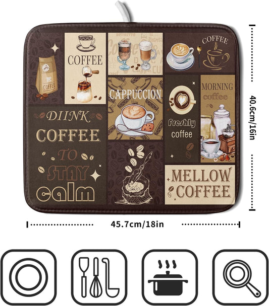 Brown Coffee Dish Drying Mat 16x18 Inch Coffee Cup Espresso Machine Pad Absorbent Washable Dish Rack Pad for Kitchen Counter Cafe Bar