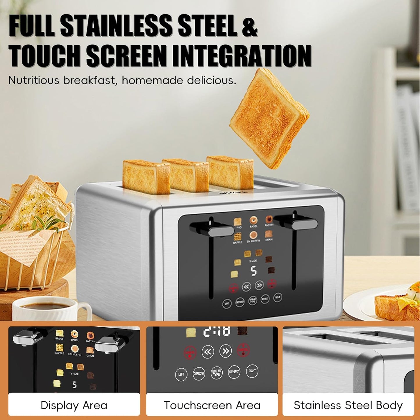 whall 4 Slice Touch Screen Toaster, Stainless Steel Toasters Digital Timer, Dual Control Panel Toasters,6 Shade Settings&6 Bread Types, Smart Wide Slots, Bagel, Cancel, Defrost,Gray