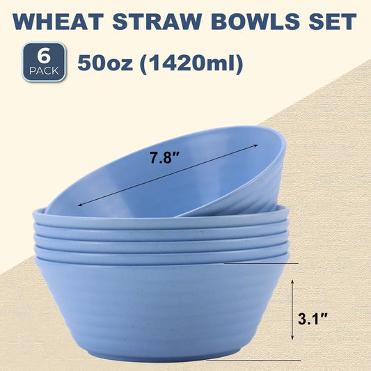 Wrova Wheat Straw Bowl Sets,6 PCS Unbreakable Cereal Bowl 50 OZ,Microwave and Dishwasher Safe Bowls,Super Big Bowl Sets BPA Free for Serving Cereal,Oatmeal and Salad (Sky Blue)