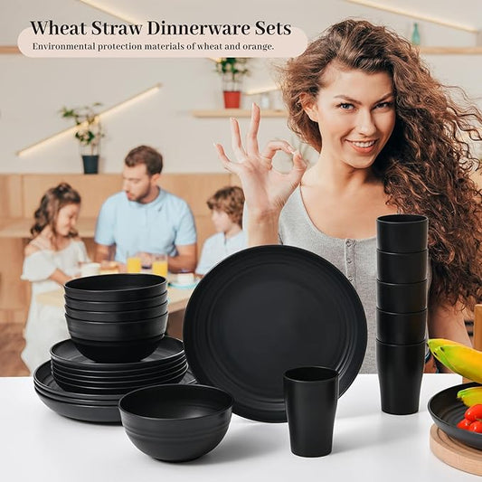 32 Piece Wheat Straw Dinnerware Set - Black Plates and Bowls for 8, Unbreakable, Dishwasher & Microwave Safe, Reusable, Lightweight Tableware, Ideal for Camping and Everyday Use