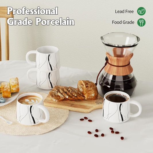 12 oz Coffee Mugs Set of 4, Modern Stackable Coffee Cups Set for Latte, Hot Tea, Cappuccino, Ceramic Coffee Mug Tea Cup, Dishwasher & Microwave Safe, Housewarming Wedding Present (White)