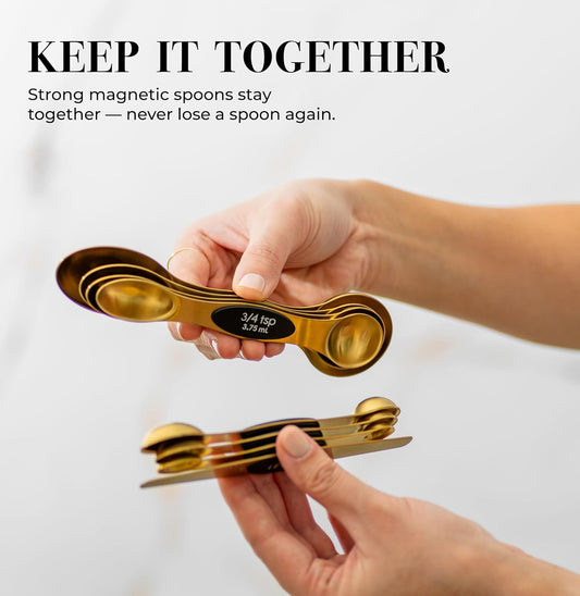 Magnetic Measuring Spoons Set – Stainless Steel Gold Measuring Spoons for Cooking and Baking – Cute and Durable Gold Kitchen Accessories - Great for Gifting
