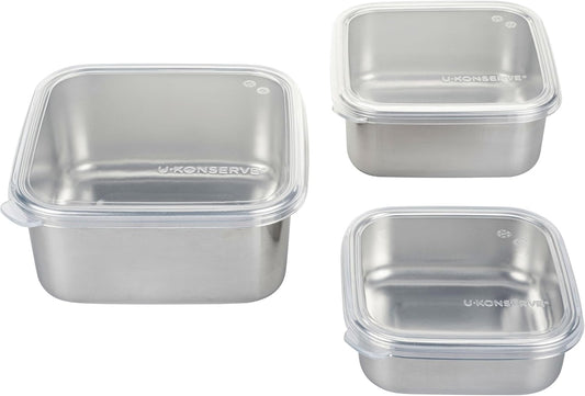 U Konserve Stainless Steel Nested Trio Food Storage Container Bento Box, Set of 3 (15, 30, & 50 oz), Leak Resistant, Silicone Lid, Dishwasher Safe, Plastic Free