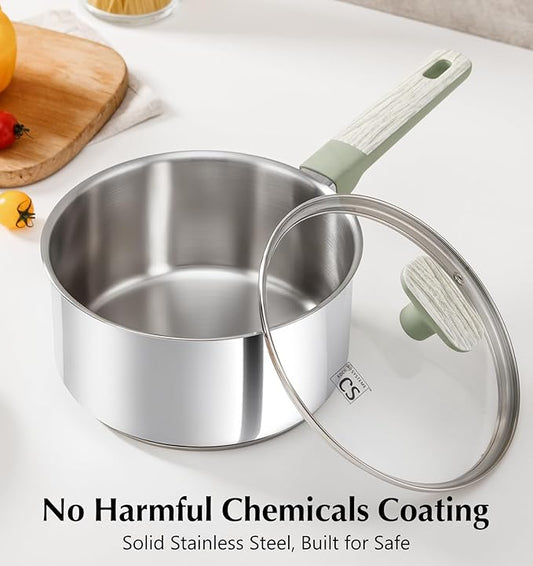 KOCH SYSTEME CS Stainless Steel Saucepan with Lid, 2QT Stainless Steel Pot with Stay-Cool Handle, 2 Quart Small Cooking Pot, Non-toxic Sauce Pan, Induction Compatible Pot, Dishwasher Safe