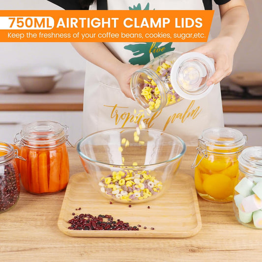 AuroTrends 25oz Glass Jars with Airtight Lids 6Pack - Large Kitchen Canisters for Food Storage, 750ml Leakproof Canning Jars with Wide Mouth, Ideal for Flour, Coffee, Snacks & Home Organization