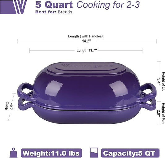 Enameled Cast Iron Sourdough Bread Oven, Dutch Oven, Loaf Cast Iron Bread Pan for Homemade Bread Baking, Meatloaf Pan with Lid, 5QT, Purple