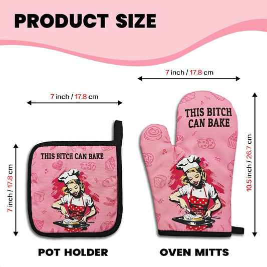 Funny Oven Mitts and Pot Holders(Set of 2) This Bxxch Can Bake Heat Resistant Mitts Retro Silicone Non-Slip Oven Mitts Kitchen Gift for Men Women Great Birthday Gift for Bake Lover Chef Mom
