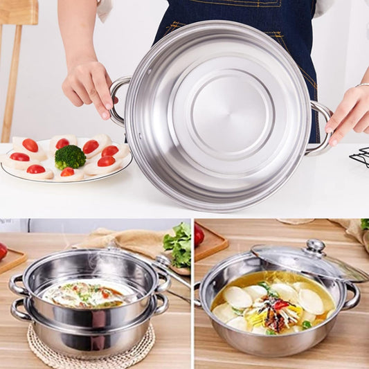 Double Vegetable Steamer Pot, 27cm/11in Stainless Steel Pot Kitchen Pots Steamer Basket Double Boiler Pot Double Broiler Pan Set for Vegetable, Dumpling, Stock, Sauce