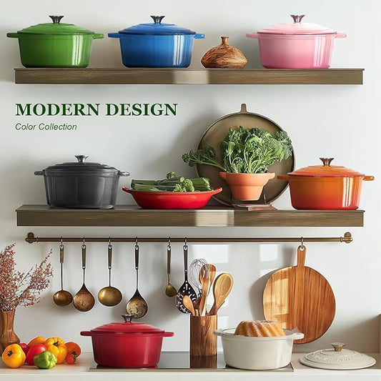 Overmont Enameled Cast Iron Dutch Oven - 5.5QT Pot with Lid Cookbook & Cotton Potholders - Heavy-Duty Cookware for Braising, Stews, Roasting, Bread Baking Green