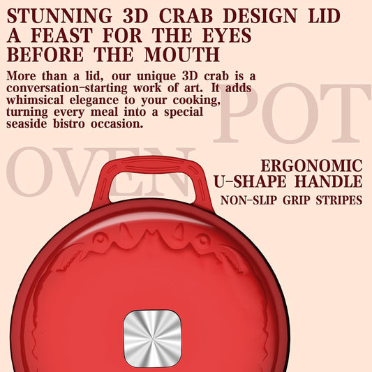 Dutch Oven Pot with Lid - Cast Iron Dutch Oven for Bread Baking Sourdough, Casserole and Braiser with Crab Lid, Square Knob, Nonslid Handles - Red